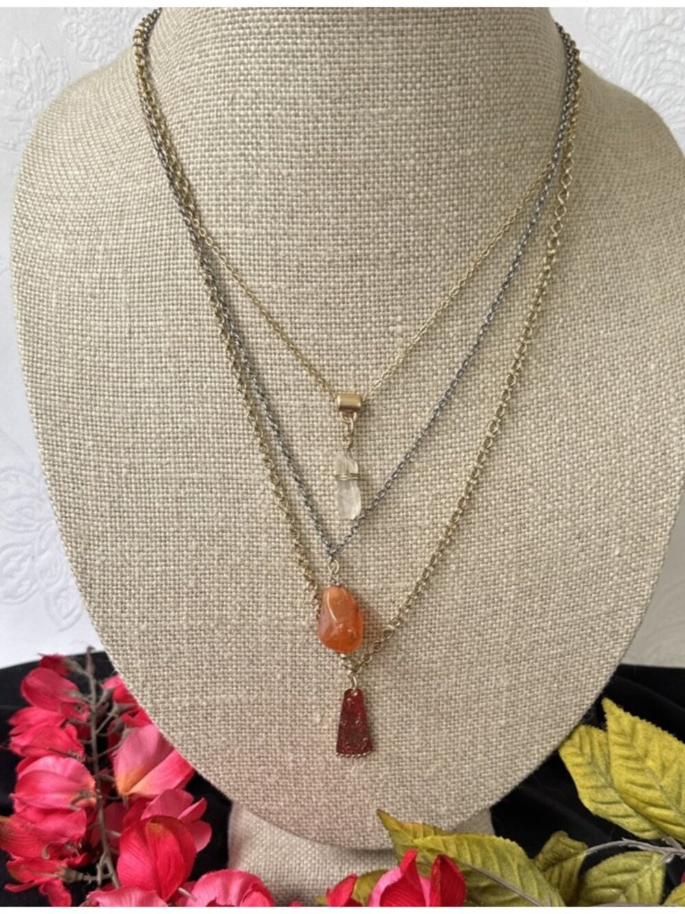 Chicos 16" Goldone 3 Chain Layered Orange Bead Charm Statement Necklace NEW $59